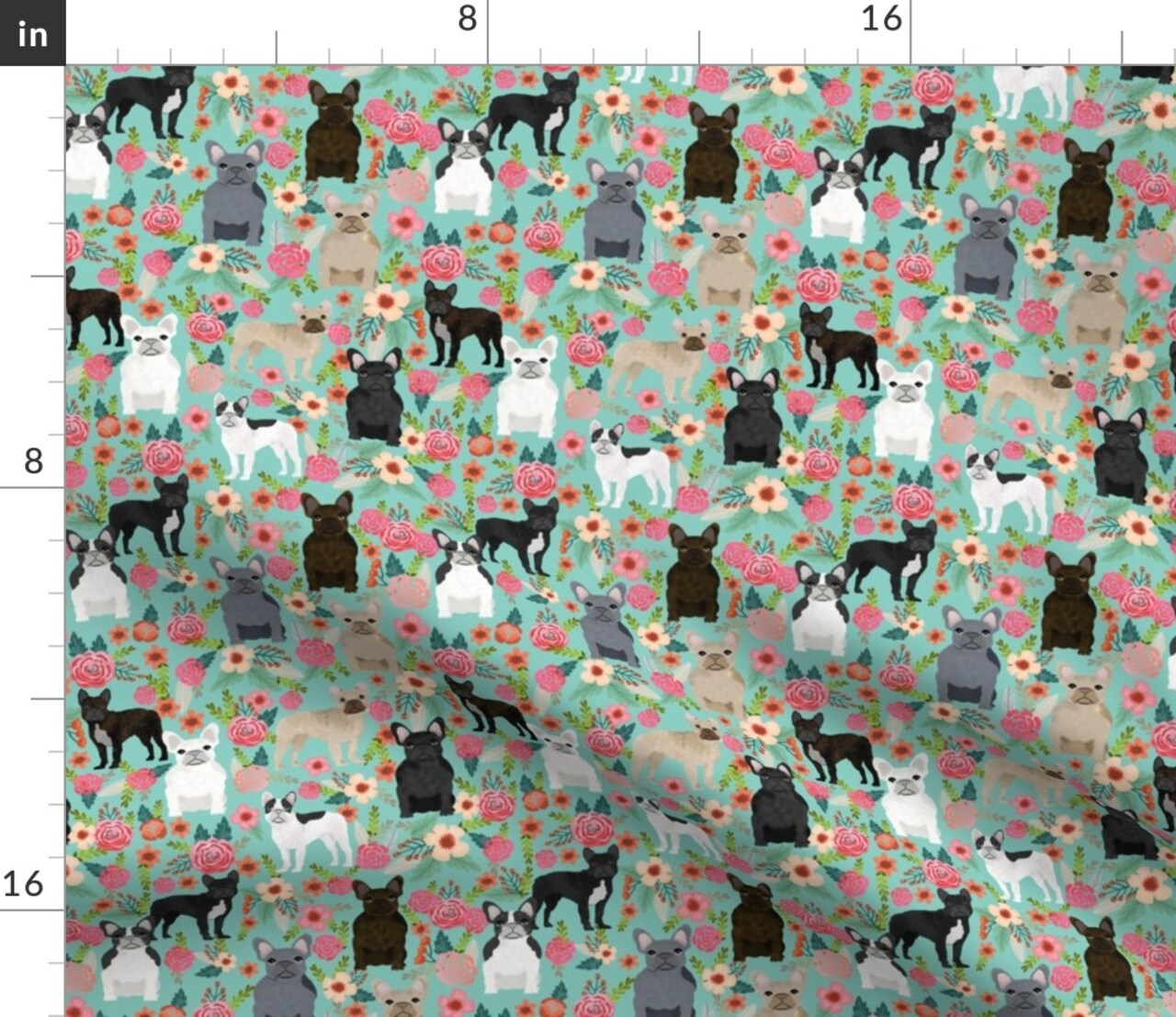 Frenchie Florals Cute French Bulldogs Best Pet Bulldog Frenchies Friendly Portrait Custom Printed Fabric by Spoonflower Various Fabrics by the Yard or Fat Quarter